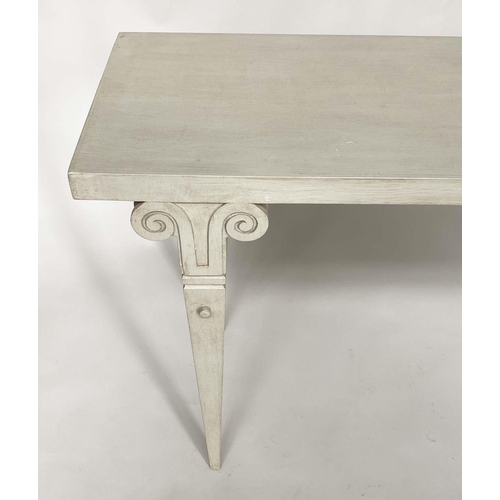 111 - HALL/CONSOLE WRITING TABLE, Spanish style shallow rectangular grey painted with scroll-headed taperi... 