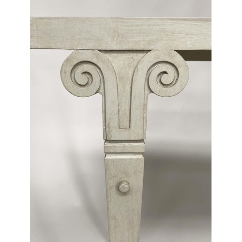 111 - HALL/CONSOLE WRITING TABLE, Spanish style shallow rectangular grey painted with scroll-headed taperi... 