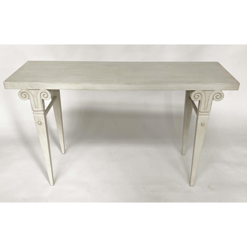 111 - HALL/CONSOLE WRITING TABLE, Spanish style shallow rectangular grey painted with scroll-headed taperi... 