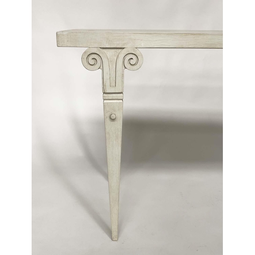 111 - HALL/CONSOLE WRITING TABLE, Spanish style shallow rectangular grey painted with scroll-headed taperi... 