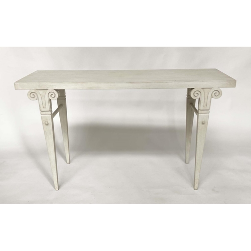 111 - HALL/CONSOLE WRITING TABLE, Spanish style shallow rectangular grey painted with scroll-headed taperi... 