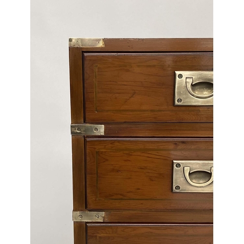 120 - LOW CHEST, Campaign style yewwood and brass bound with nine drawers, 150cm W x 71cm H x 43cm D.