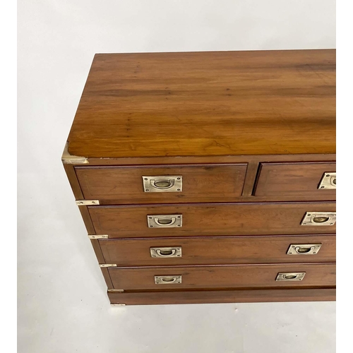 120 - LOW CHEST, Campaign style yewwood and brass bound with nine drawers, 150cm W x 71cm H x 43cm D.