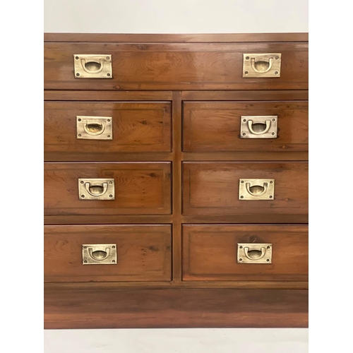 120 - LOW CHEST, Campaign style yewwood and brass bound with nine drawers, 150cm W x 71cm H x 43cm D.