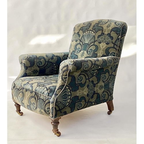 122 - ARMCHAIR, early 20th century with blue and green Art Deco pattern carpet weave upholstery, 84cm W.