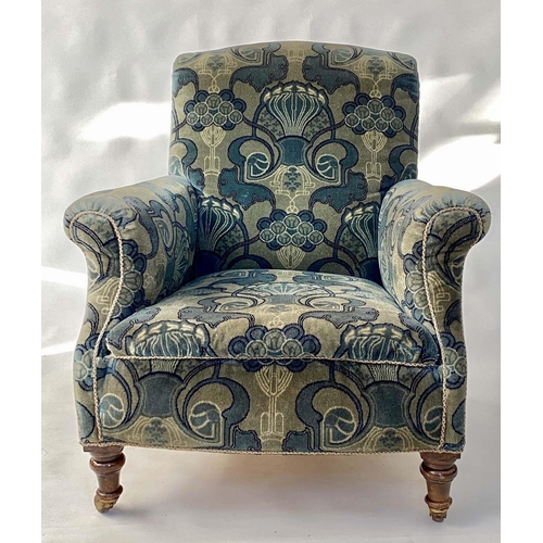 122 - ARMCHAIR, early 20th century with blue and green Art Deco pattern carpet weave upholstery, 84cm W.