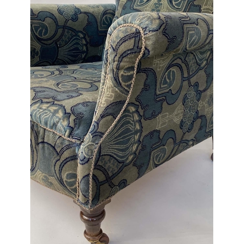 122 - ARMCHAIR, early 20th century with blue and green Art Deco pattern carpet weave upholstery, 84cm W.