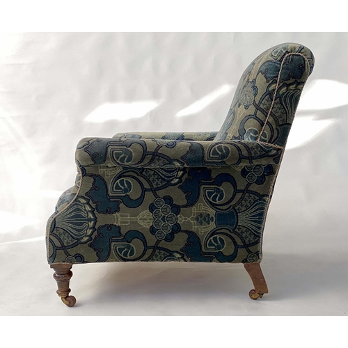 122 - ARMCHAIR, early 20th century with blue and green Art Deco pattern carpet weave upholstery, 84cm W.