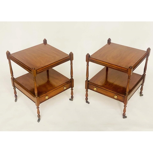 123 - LAMP TABLES, a pair, George III design figured mahogany each with two tiers and drawer, 60cm x 60cm ... 