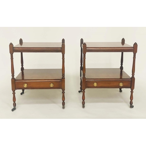 123 - LAMP TABLES, a pair, George III design figured mahogany each with two tiers and drawer, 60cm x 60cm ... 