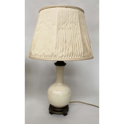 124 - TABLE LAMPS, a pair, cream crackelure ceramic and bronze mounted of gourd form with silk pleated sha... 