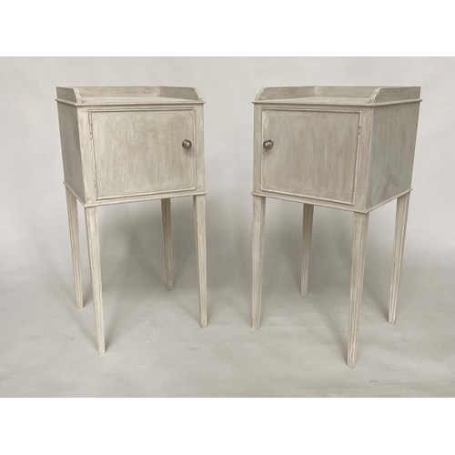 126 - BEDSIDE CABINETS, 81cm H x 40cm W x 38cm D, a pair, Regency style and grey painted each galleried wi... 