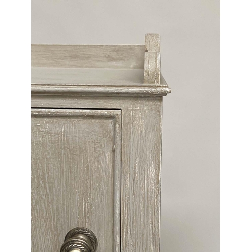 126 - BEDSIDE CABINETS, 81cm H x 40cm W x 38cm D, a pair, Regency style and grey painted each galleried wi... 