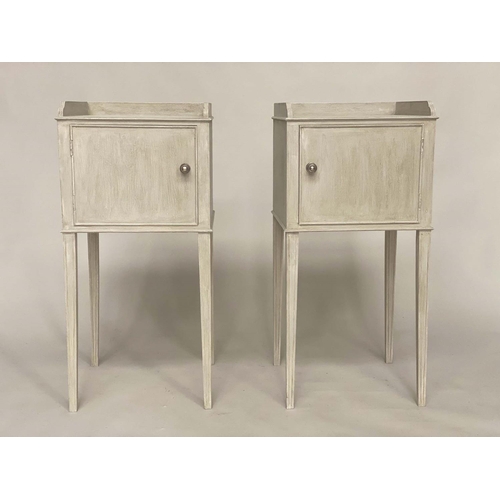 126 - BEDSIDE CABINETS, 81cm H x 40cm W x 38cm D, a pair, Regency style and grey painted each galleried wi... 