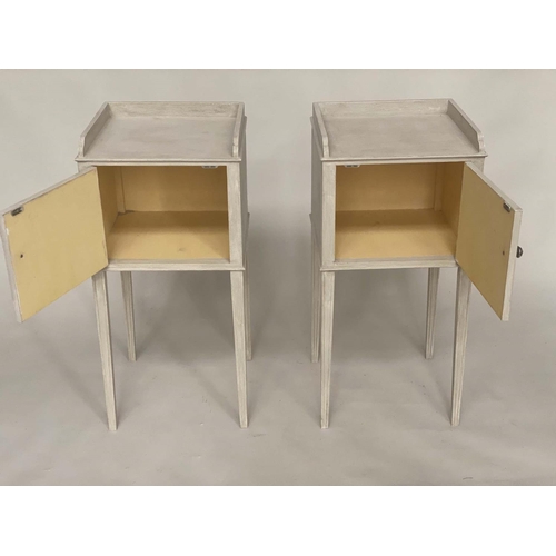 126 - BEDSIDE CABINETS, 81cm H x 40cm W x 38cm D, a pair, Regency style and grey painted each galleried wi... 