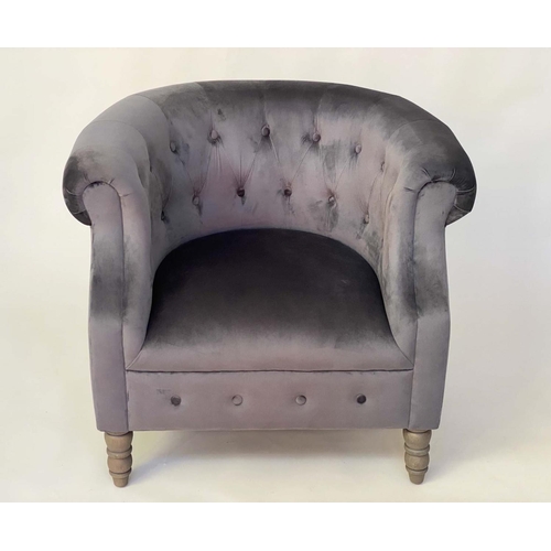 127 - TUB ARMCHAIR, Edwardian style grey velvet with rounded deep button upholstered arms and turned suppo... 