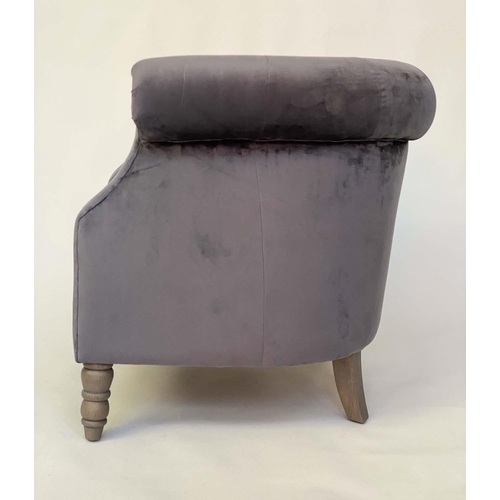 127 - TUB ARMCHAIR, Edwardian style grey velvet with rounded deep button upholstered arms and turned suppo... 