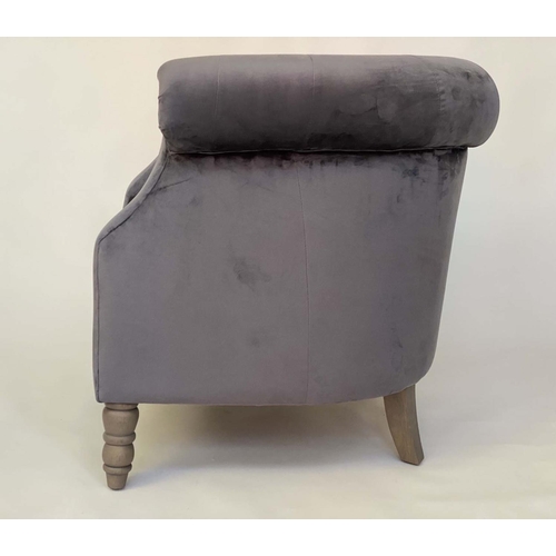 127 - TUB ARMCHAIR, Edwardian style grey velvet with rounded deep button upholstered arms and turned suppo... 