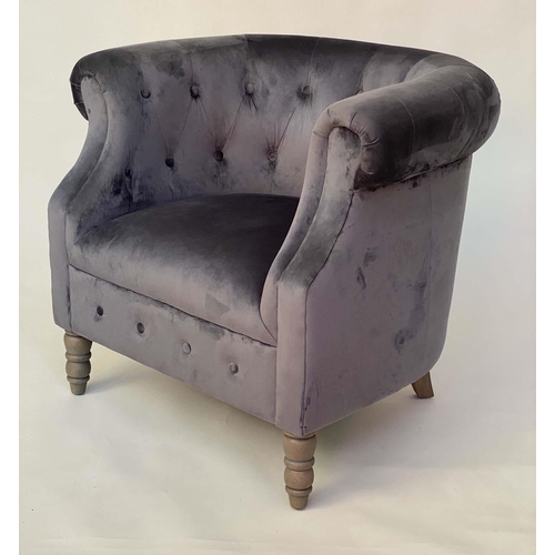 127 - TUB ARMCHAIR, Edwardian style grey velvet with rounded deep button upholstered arms and turned suppo... 