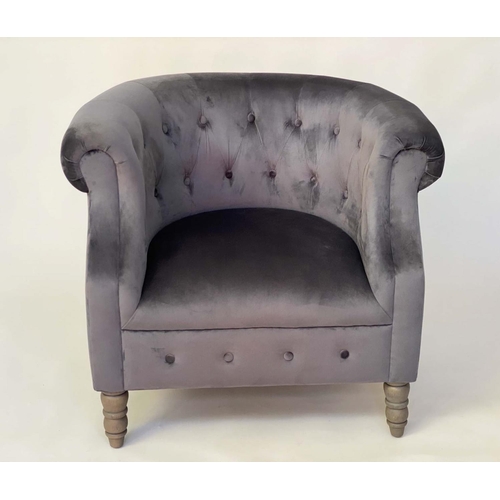 127 - TUB ARMCHAIR, Edwardian style grey velvet with rounded deep button upholstered arms and turned suppo... 