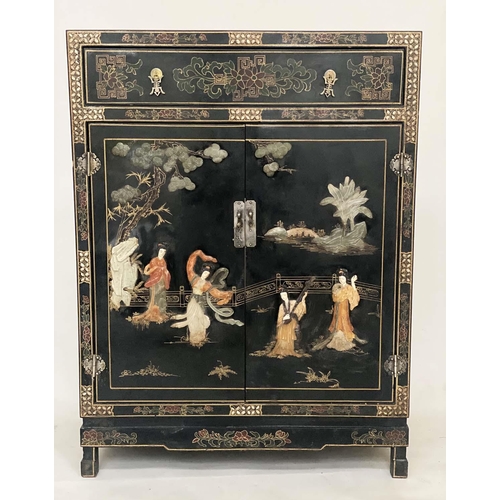 128 - SIDE CABINET, Chinese lacquered, gilt painted and stone mounted with drawer and two doors enclosing ... 