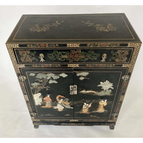 128 - SIDE CABINET, Chinese lacquered, gilt painted and stone mounted with drawer and two doors enclosing ... 