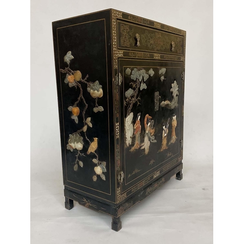 128 - SIDE CABINET, Chinese lacquered, gilt painted and stone mounted with drawer and two doors enclosing ... 