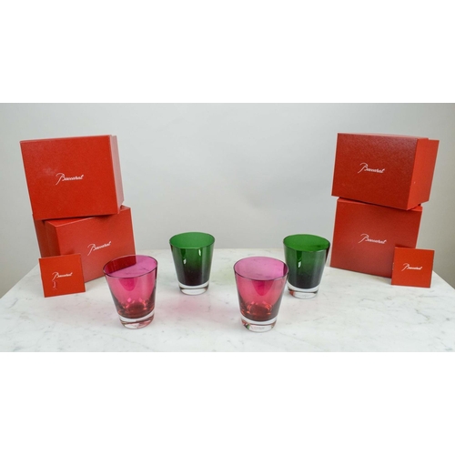 13 - BACCARAT 'MOSAIQUE' TUMBLER GLASSES, a set of four, two red and two green in festive spirit colours ... 