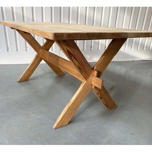 130 - FARMHOUSE DINING TABLE, rectangular planked pine raised upon 'X' trestles united by a stretcher, 160... 