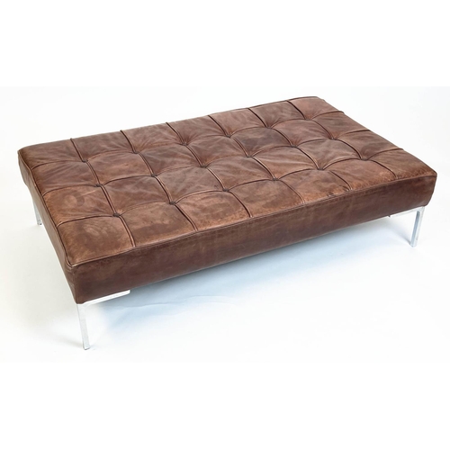 131 - FLORENCE KNOLL STYLE FOOTSTOOL, buttoned tan leather with chrome supports, 33cm H x 127cm x 73cm.