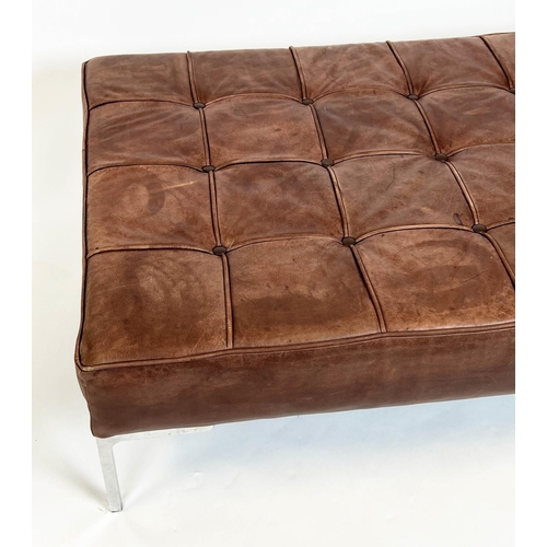 131 - FLORENCE KNOLL STYLE FOOTSTOOL, buttoned tan leather with chrome supports, 33cm H x 127cm x 73cm.