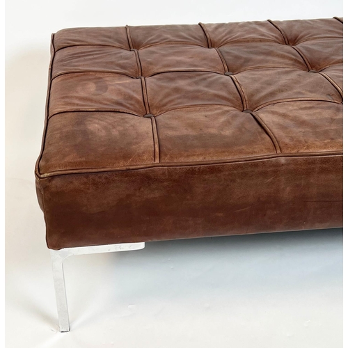 131 - FLORENCE KNOLL STYLE FOOTSTOOL, buttoned tan leather with chrome supports, 33cm H x 127cm x 73cm.