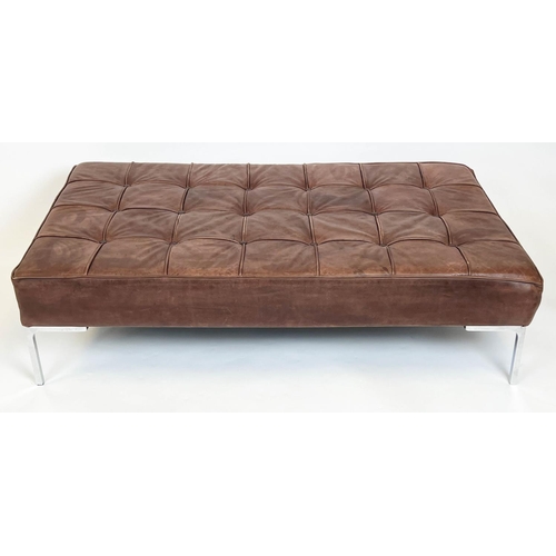 131 - FLORENCE KNOLL STYLE FOOTSTOOL, buttoned tan leather with chrome supports, 33cm H x 127cm x 73cm.