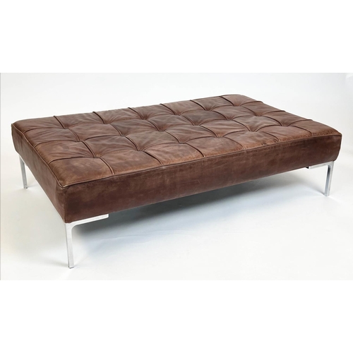 131 - FLORENCE KNOLL STYLE FOOTSTOOL, buttoned tan leather with chrome supports, 33cm H x 127cm x 73cm.