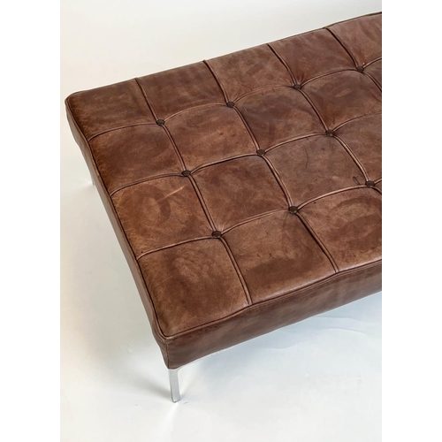 131 - FLORENCE KNOLL STYLE FOOTSTOOL, buttoned tan leather with chrome supports, 33cm H x 127cm x 73cm.