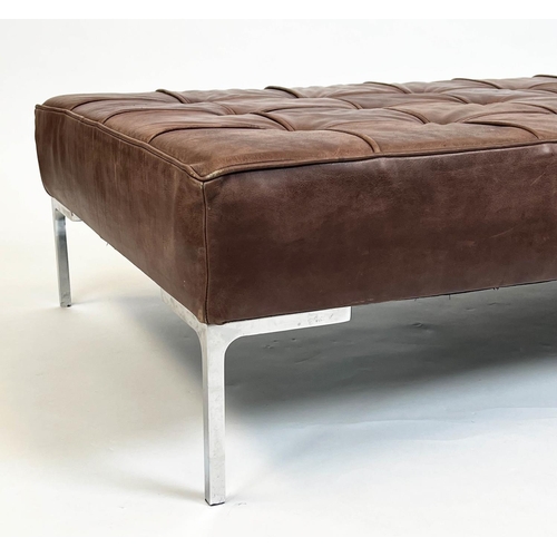 131 - FLORENCE KNOLL STYLE FOOTSTOOL, buttoned tan leather with chrome supports, 33cm H x 127cm x 73cm.