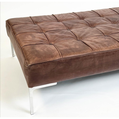 131 - FLORENCE KNOLL STYLE FOOTSTOOL, buttoned tan leather with chrome supports, 33cm H x 127cm x 73cm.