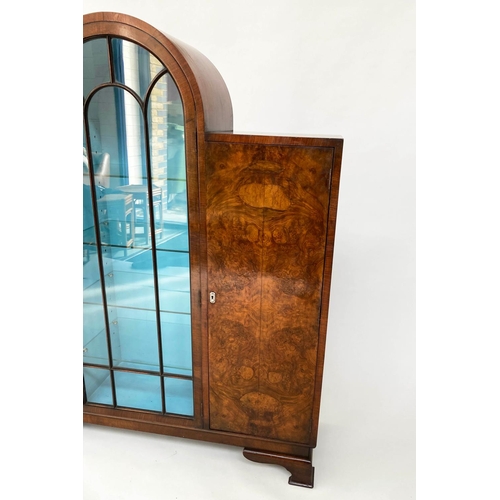 186 - ART DECO DISPLAY CABINET, burr walnut with arch glazed, shelved section flanked by panelled doors, 1... 