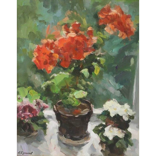 29 - ANDREY KULAKOV (born in 1958) 'Still life with geranium' 2017, oil on canvas, 50cm x 51cm.