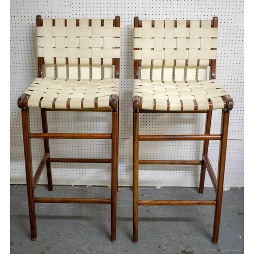 290 - BAR STOOLS, 110cm H x 45cm W, a pair Danish style hardwood with lattice webbing seats. (2)