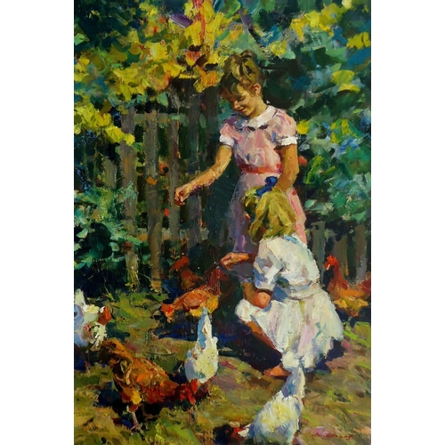 35 - ANATOLI SHAPOVALOV (b. 1948, Ukrainian) 'Feeding the Chickens', oil on canvas, 92cm x 63cm.