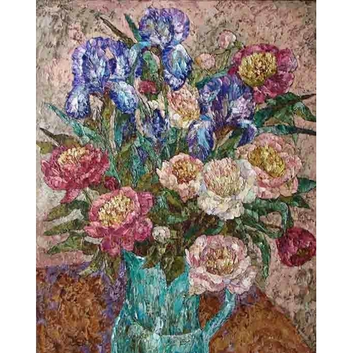 41 - NADEZHDA STUPINA (b.1967) 'Still life with Irises and Peonies' 2008, oil on canvas, 99cm x 79cm.