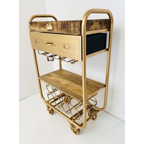 439 - WINE TROLLEY, wooden serving tray to top, eight tier wine rack, gilt metal, 95cm H x 60cm W x 30cm D... 