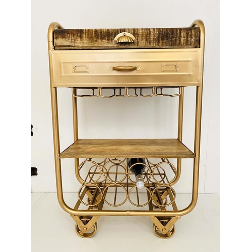 439 - WINE TROLLEY, wooden serving tray to top, eight tier wine rack, gilt metal, 95cm H x 60cm W x 30cm D... 
