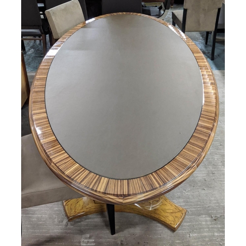 443 - TABLE, 108cm D x 220cm L x 75cm H, oval inlaid leather top, oversized base.