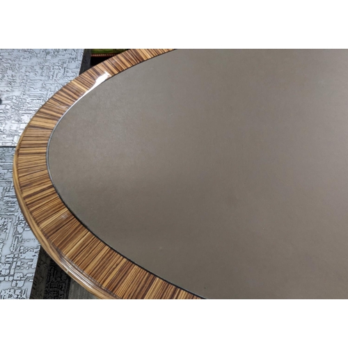 443 - TABLE, 108cm D x 220cm L x 75cm H, oval inlaid leather top, oversized base.