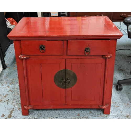 444 - CHINESE SHANXI STYLE SIDE CABINET, 78cm W x 50cm D x 75cm H, red lacquered finish.