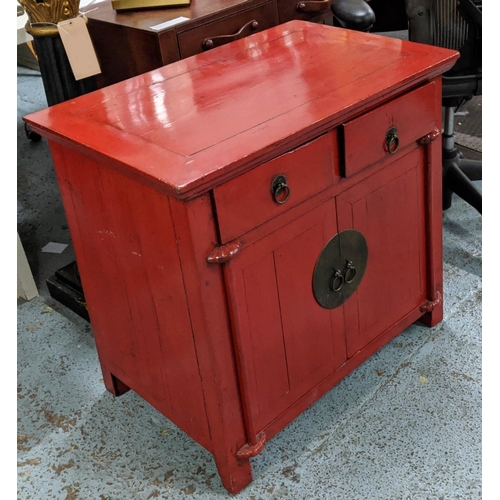 444 - CHINESE SHANXI STYLE SIDE CABINET, 78cm W x 50cm D x 75cm H, red lacquered finish.