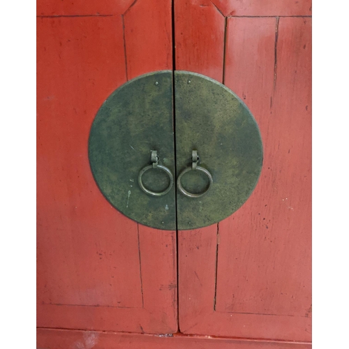 444 - CHINESE SHANXI STYLE SIDE CABINET, 78cm W x 50cm D x 75cm H, red lacquered finish.