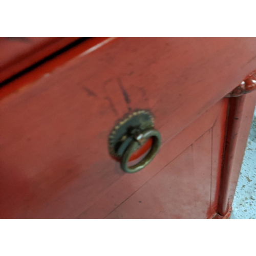 444 - CHINESE SHANXI STYLE SIDE CABINET, 78cm W x 50cm D x 75cm H, red lacquered finish.